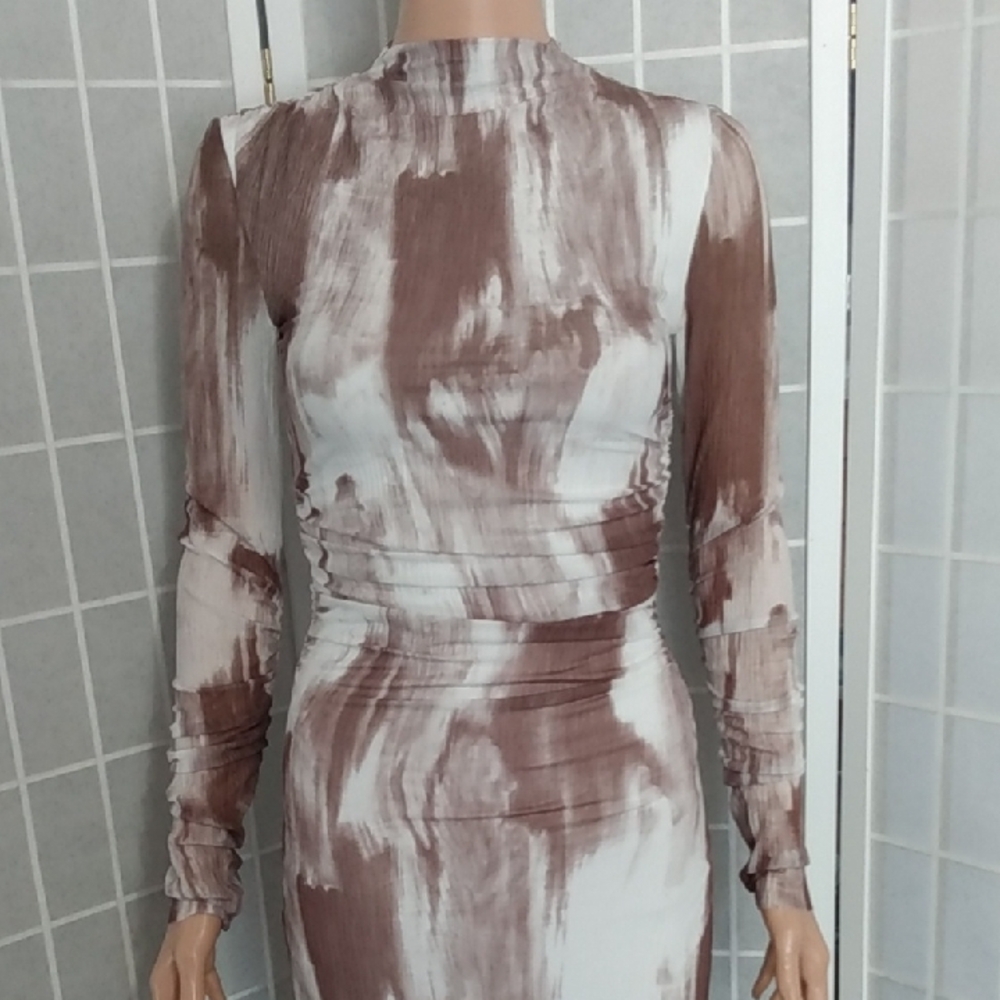 Commense Brown and White Brushstroke Maxi Dress Women's XS -Long  Ruched Sleeves - Picture 4 of 15